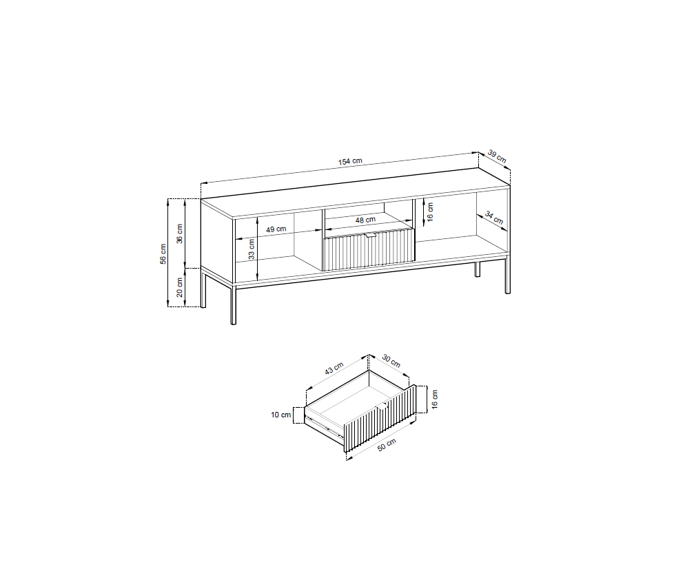 RTV-Schrank Viva 154 Schwarz Matt/Schwarz Gestell