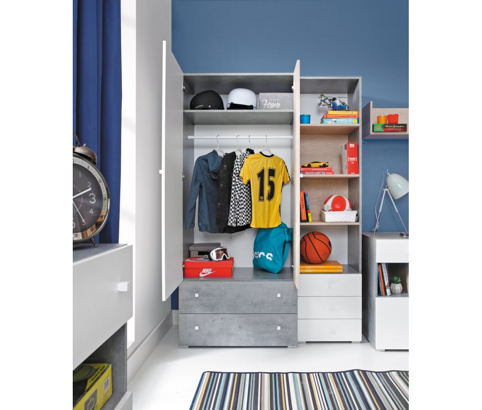 Schrank Sam 80 RECHTS/LINKS 2D2SZ Weiß Lux/Beton/Eiche