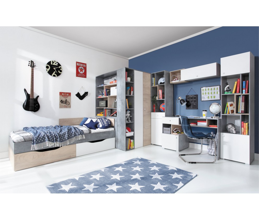 Schrank Sam 45 2D Weiß Lux/Beton/Eiche RECHTS/lINKS mit Regalen