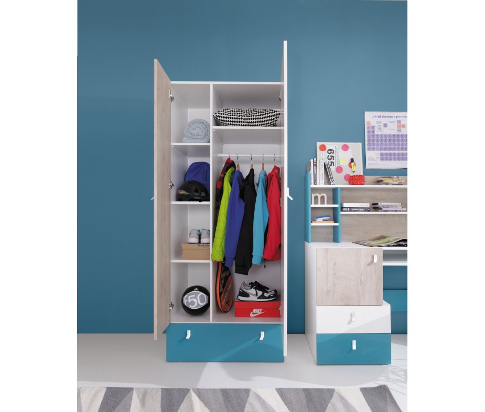 Schrank Plan 80 2D1SZ Weiß Lux/Eiche/Marine